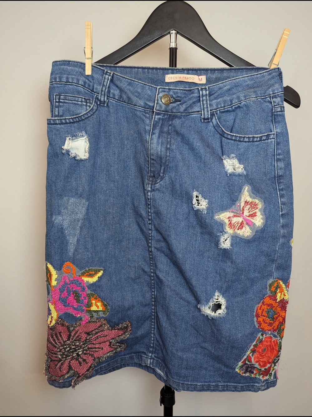 Anthropologie Cecilia Prado Womens Size M Gardeners Denim Embroidered Jean Skirt